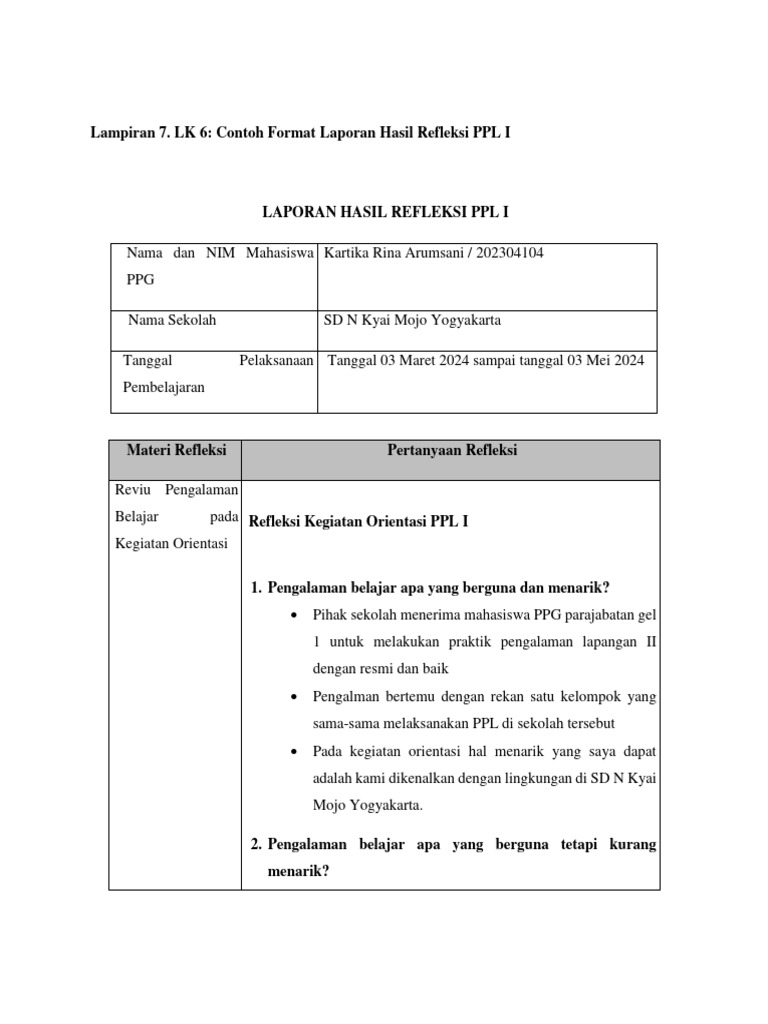 Lampiran 7 lk 6 contoh format laporan hasil refleksi ppl ii pdf