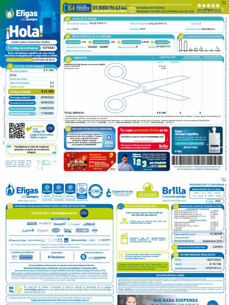 Factura de Gas Natural Septiembre 2023 | PDF
