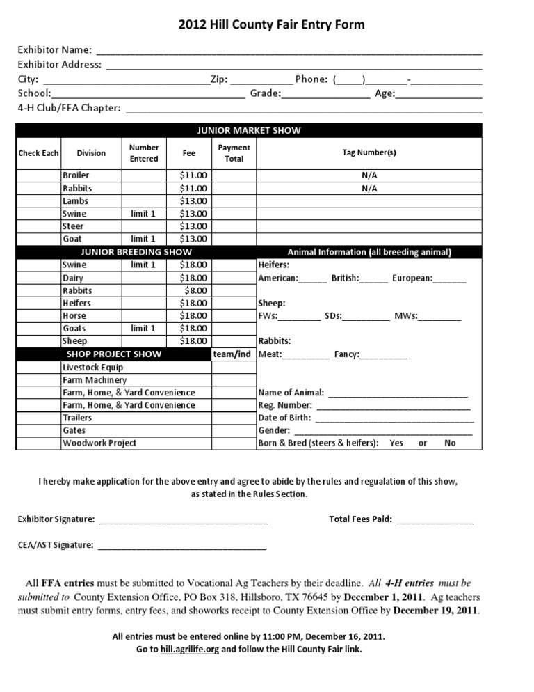 Hill County Fair Entry Form 2012 | PDF