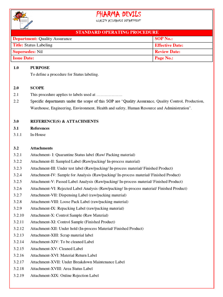 SOP For Status Labeling Download Free PDF Quality Assurance