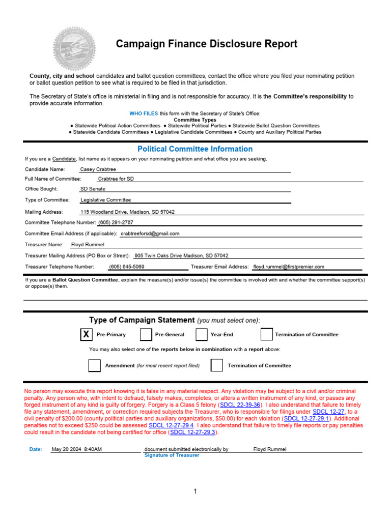 SD Campaign Finance Disclosure Report | PDF | Expense | Forgery