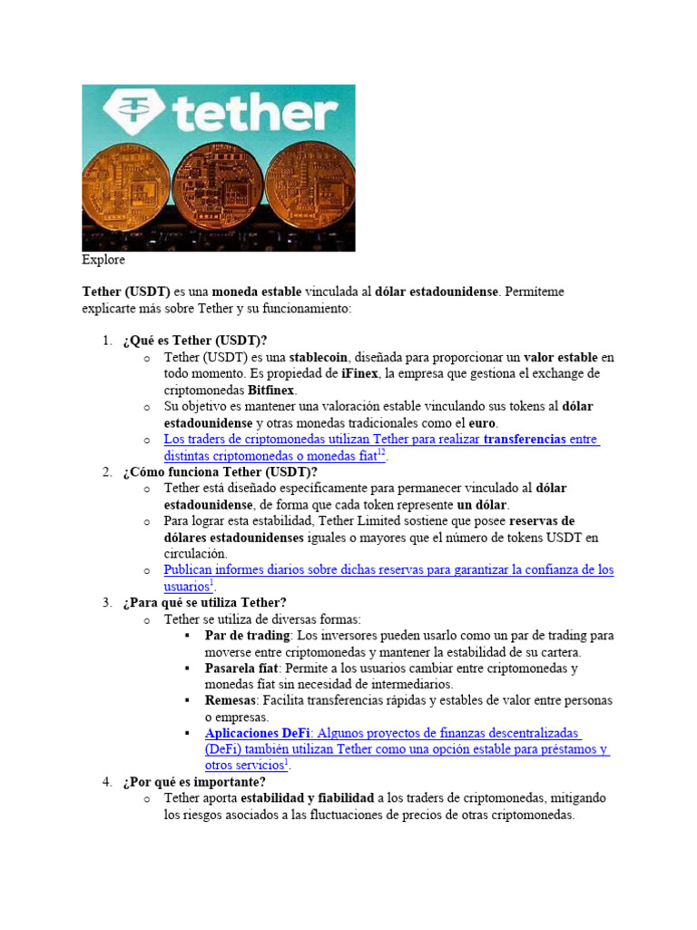 Qué es Tether (USDT) y su funcionamiento | PDF | Criptomoneda | Dólar de  los Estados Unidos