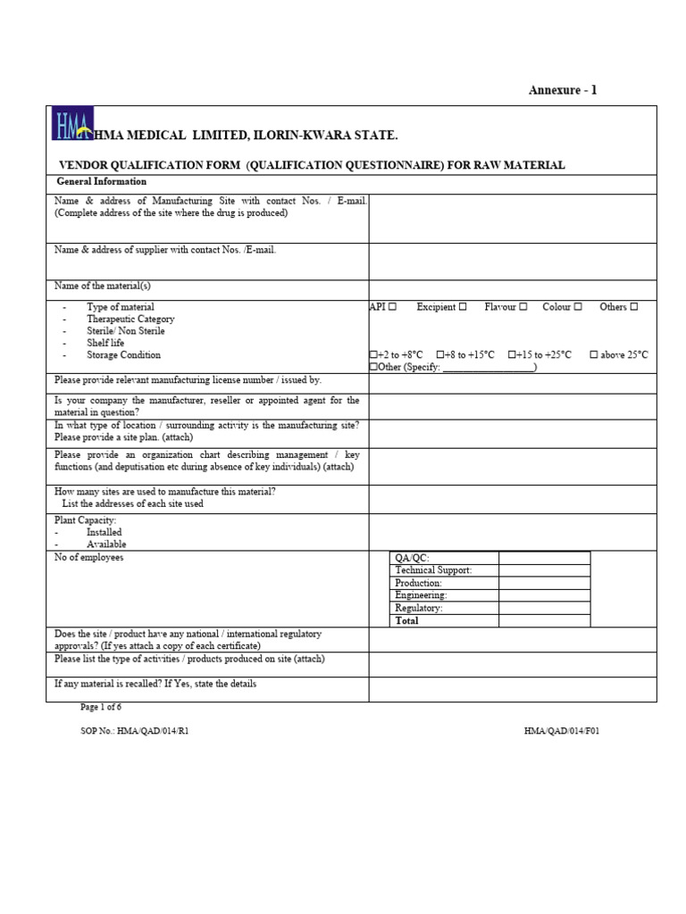 Vendor Qualification Form for Raw Materials | PDF | Calibration