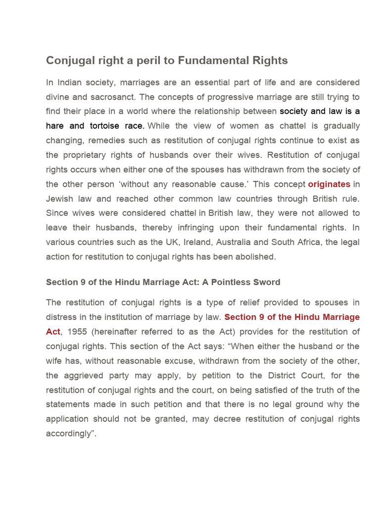 Conjugal Right A Peril To Fundamental Rights | PDF | Marriage | Right ...