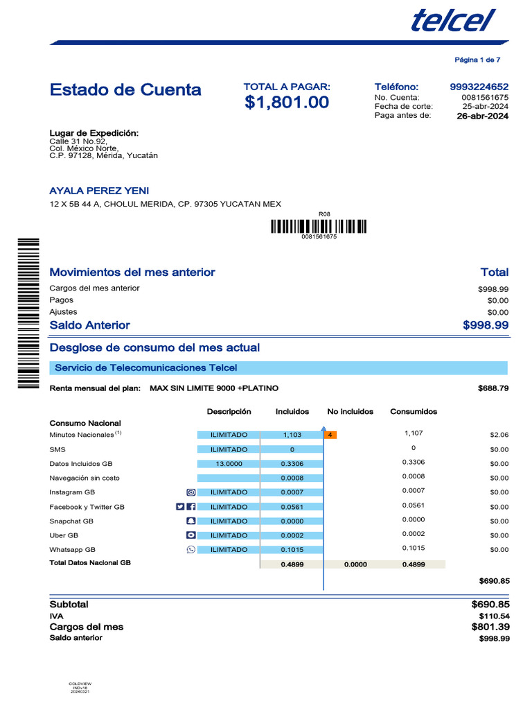Estado de Cuenta Telcel Abril 2024 | PDF | Facebook | Telecomunicaciones