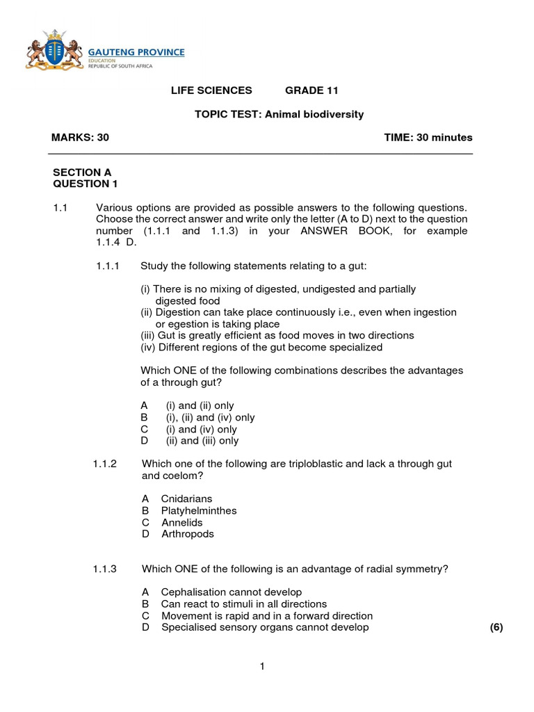 Grade 11 Animal Biodiversity Test | PDF | Fish | Zoology