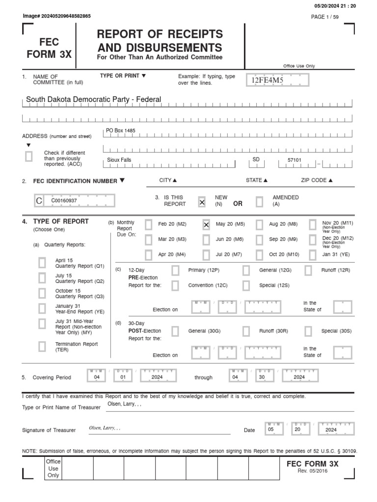 FEC Form 3X: South Dakota Dems Report | PDF | Political Action ...