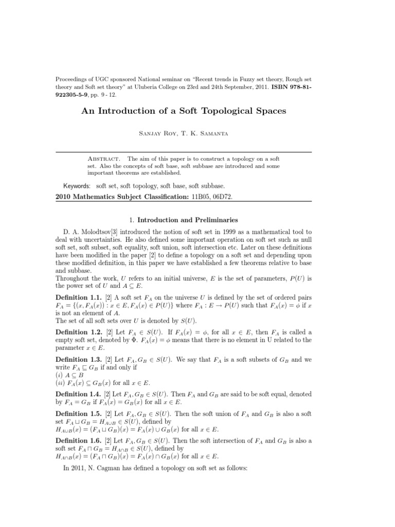 An Introduction of A Soft Topological Spaces | PDF | Set (Mathematics ...