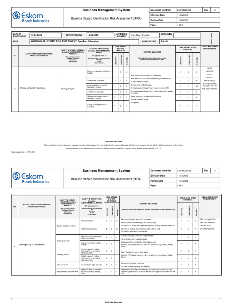 HIRA for Working at Heights Safety | PDF | Risk | Personal Protective ...