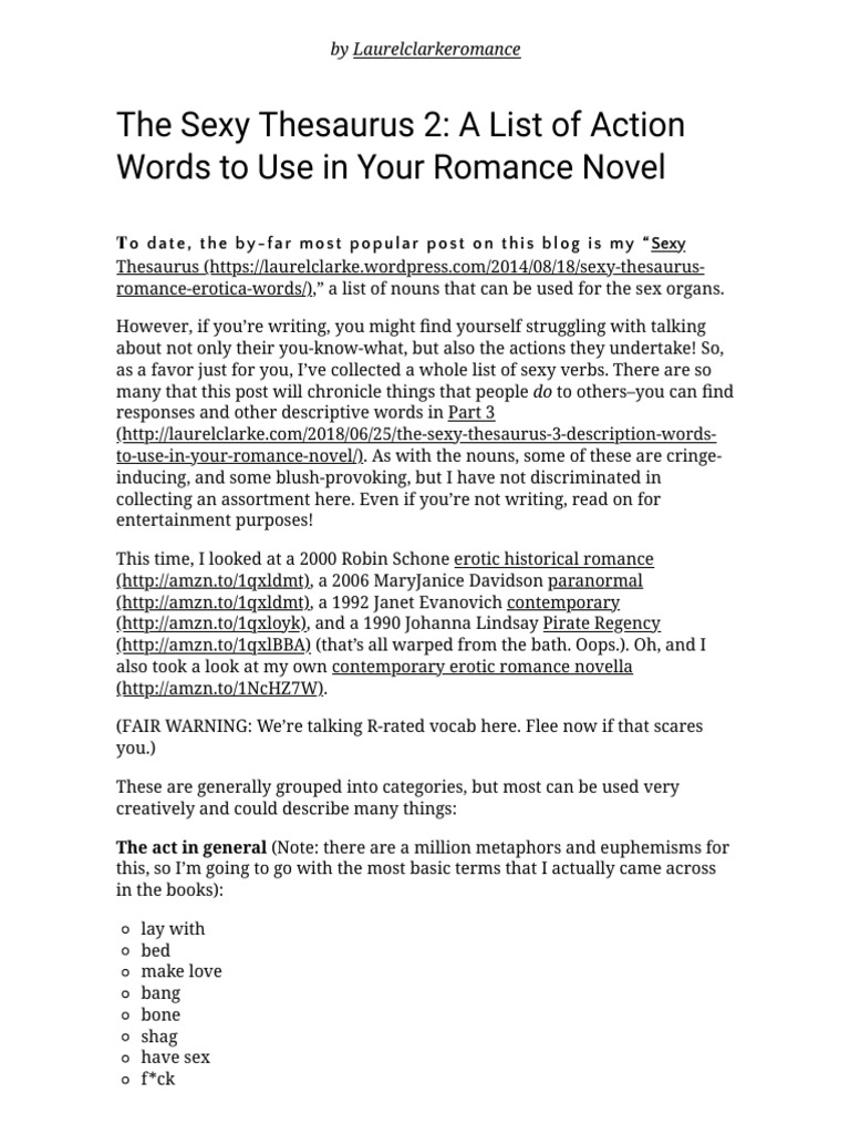 The Sexy Thesaurus 2 A List of Action Words To Use in Your Romance Novel Words A Steamy