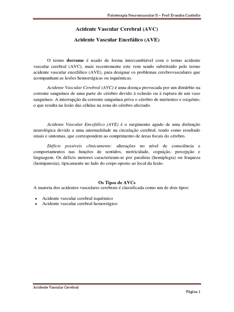 Acidente Vascular Cerebral: Tipos e Tratamento | PDF | AVC | Isquemia