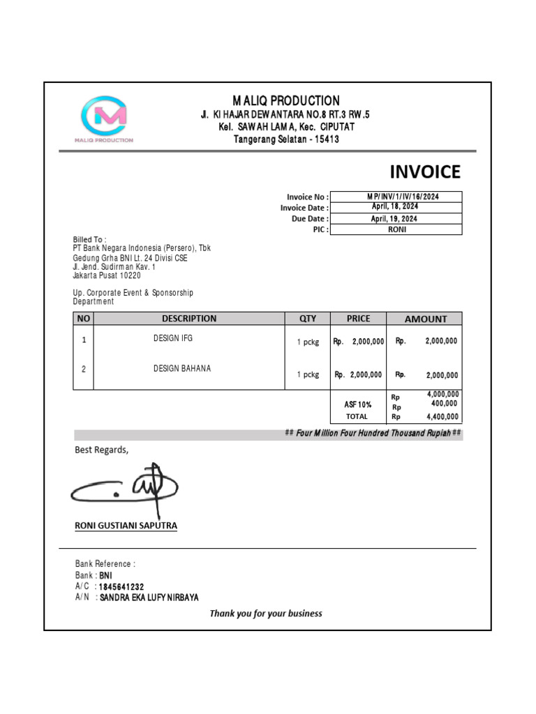 Invoice for PT Bank Negara Indonesia | PDF