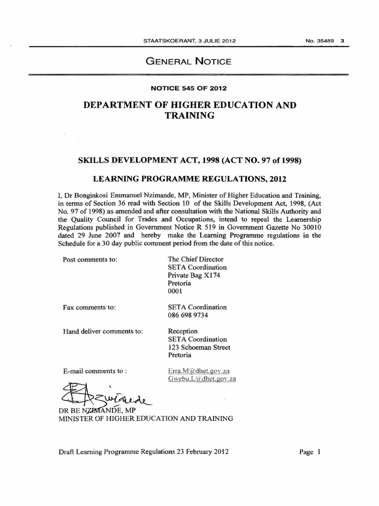 Skills development act regulations learning programme pdf statutory