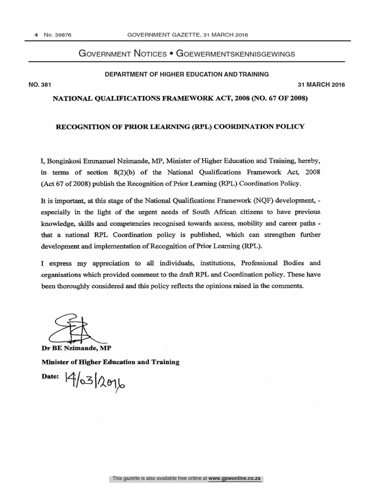 Nqf recognition of prior learning coordination policy pdf policy