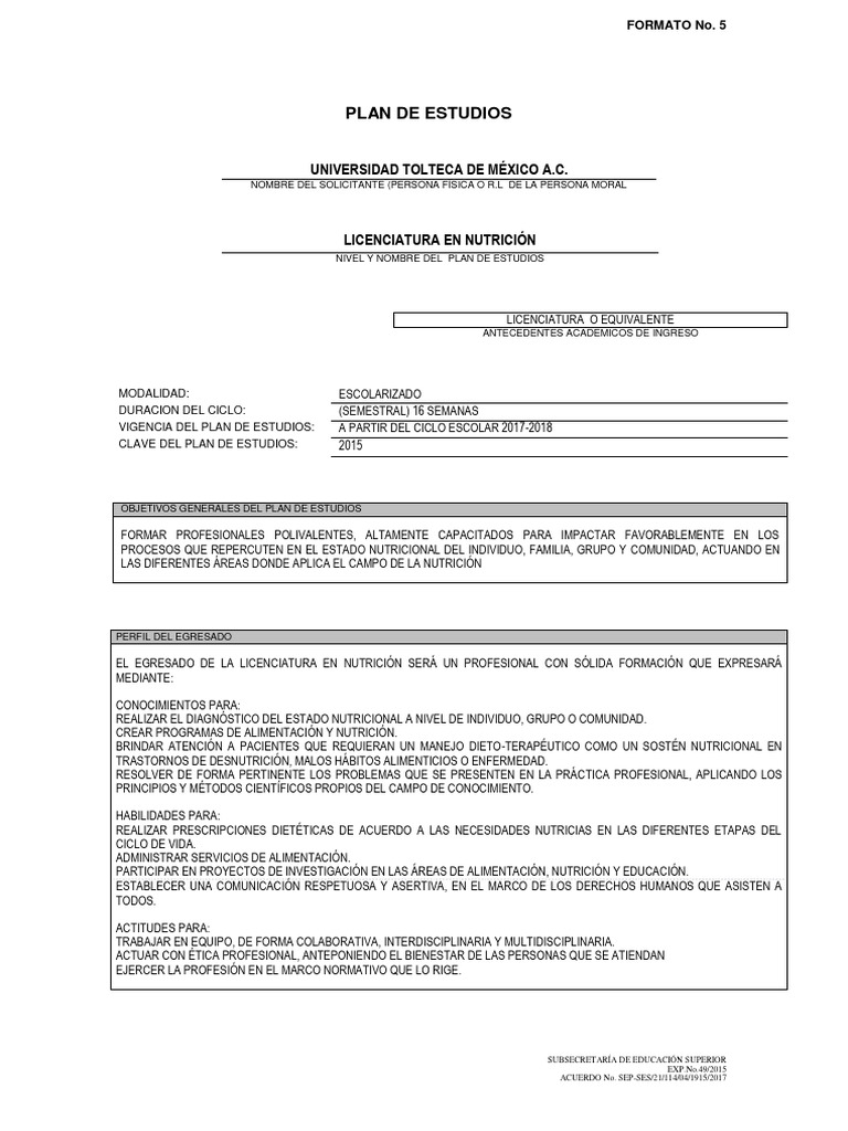 Plan de Estudios Licenciatura en Nutrición | PDF | Plan de estudios ...