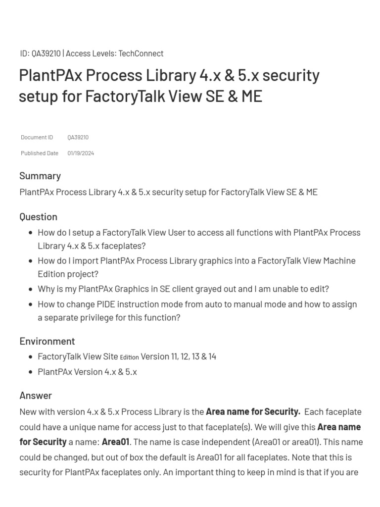 Plantpax process library 4 x 5 x security setup for factorytalk view
