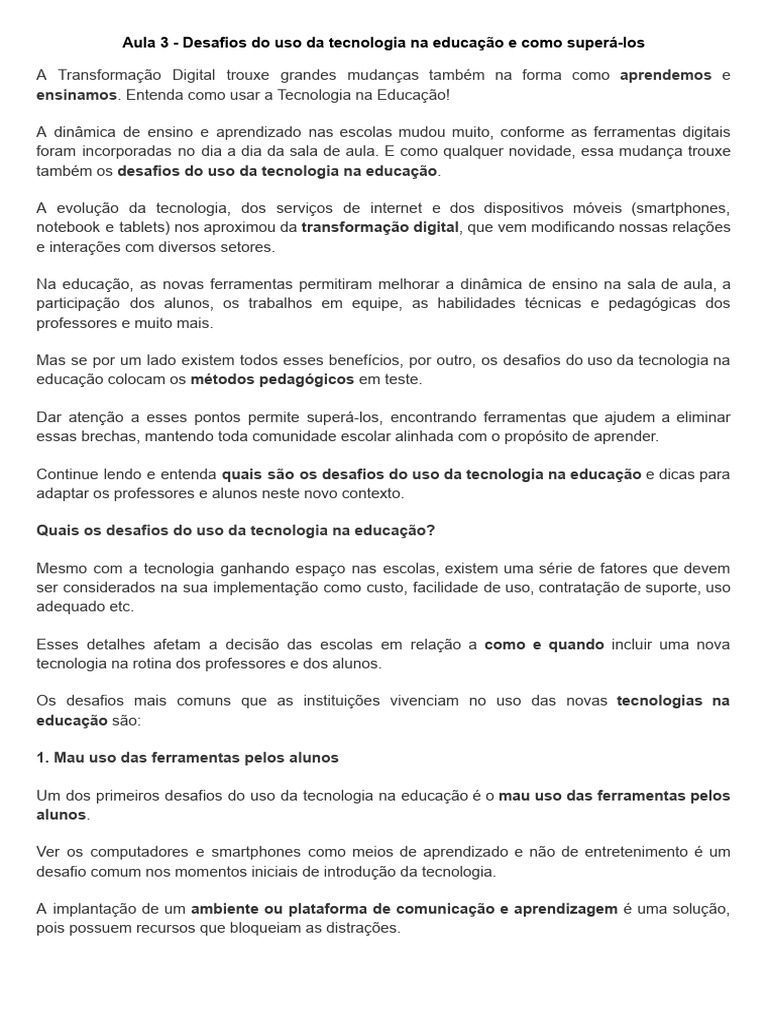 3 - Desafios Do Uso Da Tecnologia Na Educação e Como Superá-Los | PDF