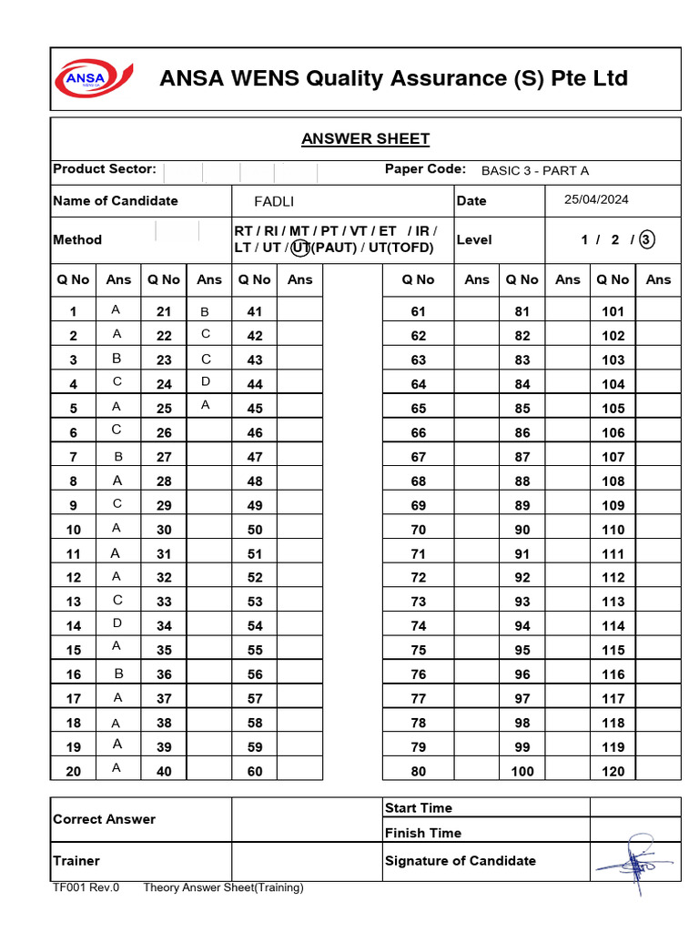 Theory Answer Sheet for Training | PDF