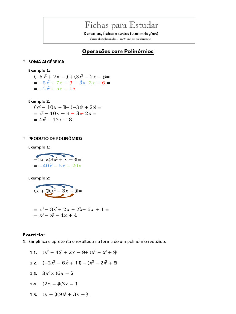 Ficha Matemática 8 Ano Polinomios | PDF