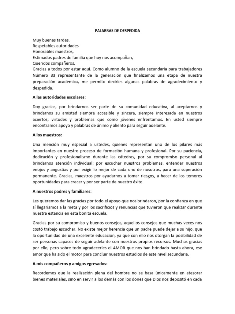 Palabras de despedida y agradecimiento 3 24 1 pdf escuelas amor