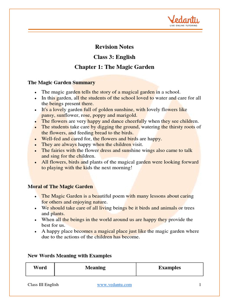 The Magic Garden Class 3 Notes CBSE English Chapter 1 (PDF) | PDF | Flowers