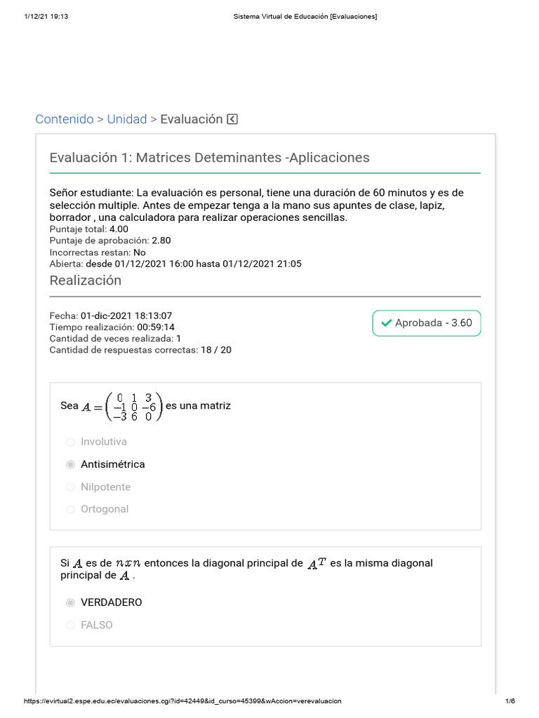 Evaluación de Matrices y Determinantes | PDF | Matriz (Matemáticas ...
