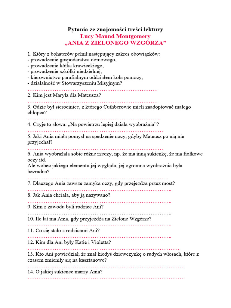 Ania Z Zielonego Wzgórza Test Sprawdzający Znajomość Lektury Pytania Z Lektury - Ania Z Zielonego Wzgorza - Kopia | PDF