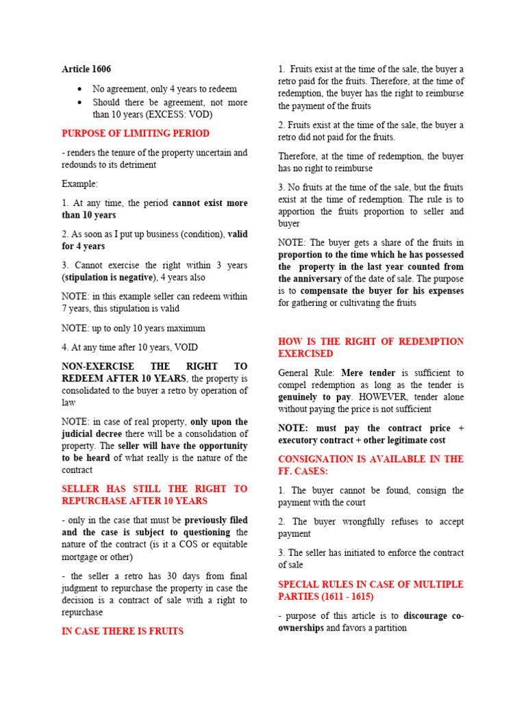 Exting of Sales, Conventional & Legal Redemption | PDF | Mortgage Law ...