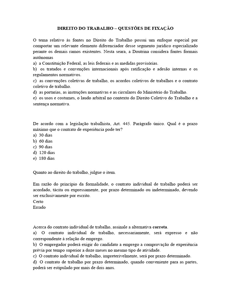 Questões sobre Direito do Trabalho | PDF | Lei Trabalhista | Tratado