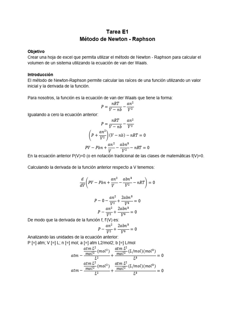 Excel: Método Newton-Raphson Van der Waals | PDF | Gases | Derivado