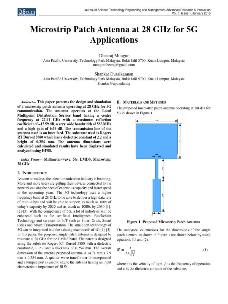 Microstrip Patch Antenna at 28 GHZ For 5 | PDF | Antenna (Radio) | Wireless