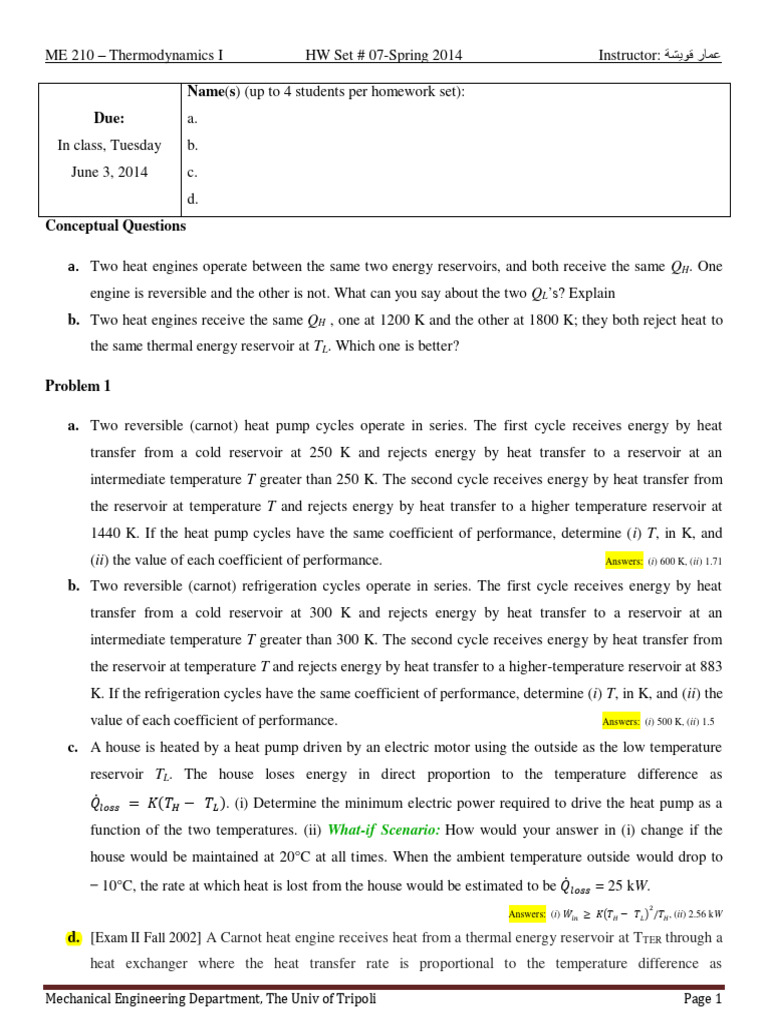 Thermodynamics I Homework Set 07 | PDF | Heat | Temperature