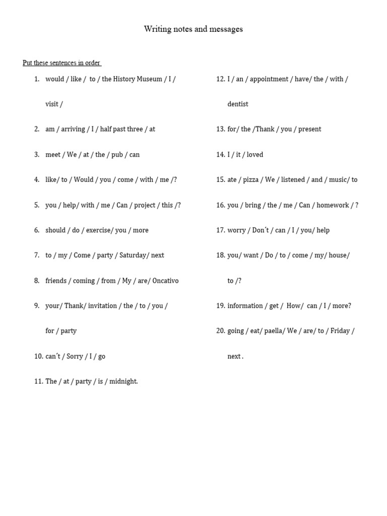 Writing Notes and Messages Sentences in Order 6th Year | PDF | Language ...