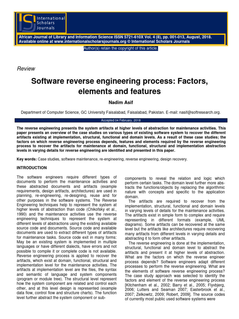 Software Reverse Engineering Process Factors Elements and Features ...