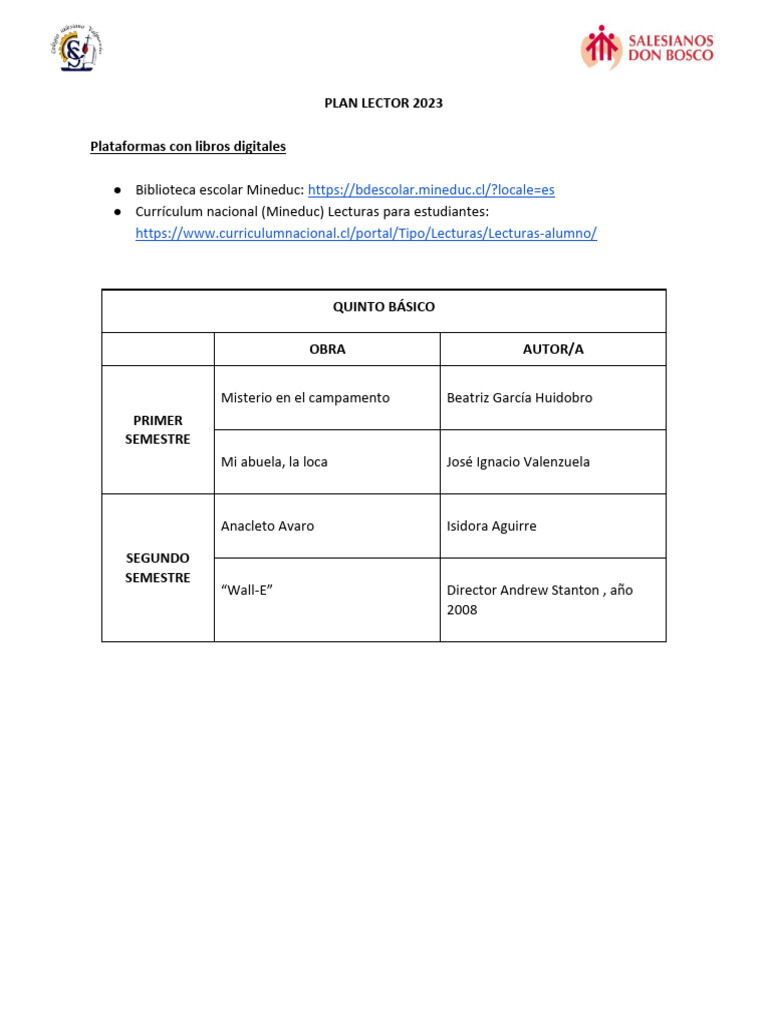 Plan Lector 2023 Quinto Básico | PDF