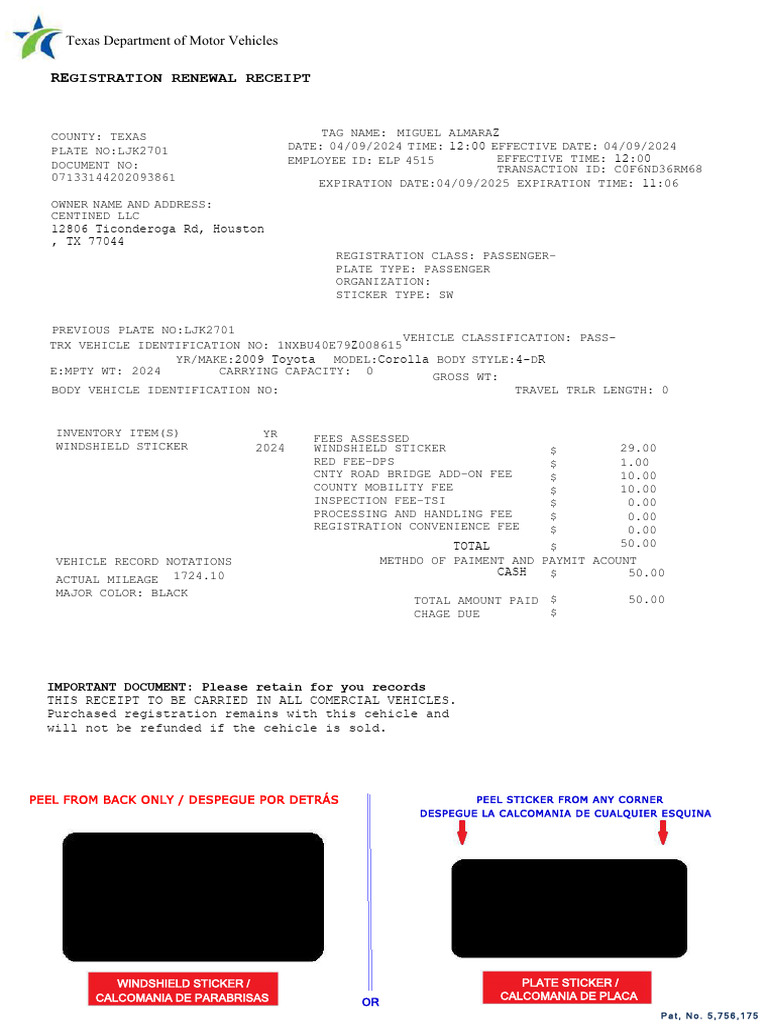 Texas Vehicle Registration Renewal Receipt | PDF | Motor Vehicle ...