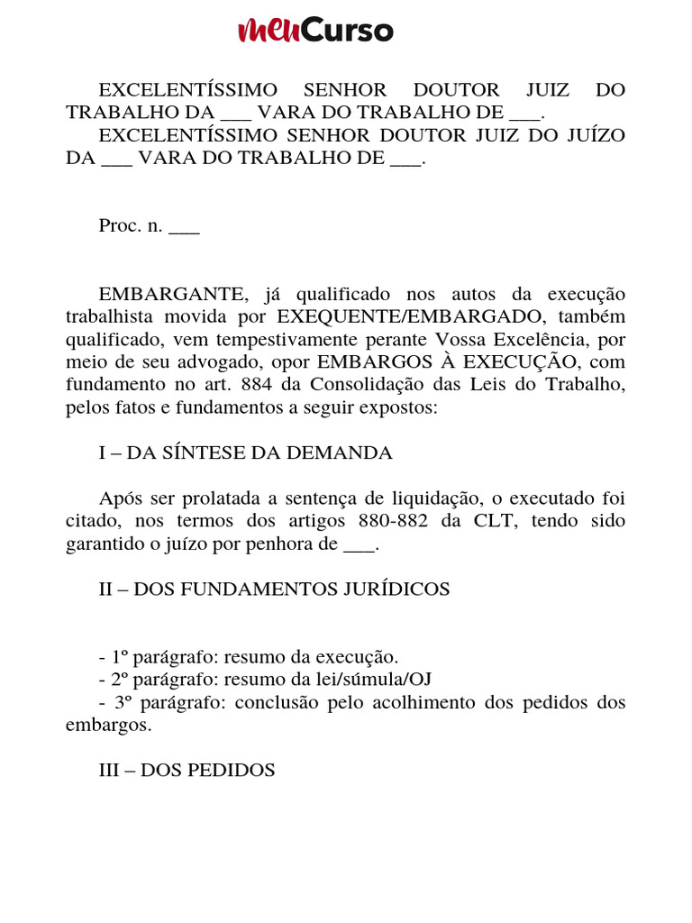 Embargos à Execução Trabalhista: Modelo | PDF | Sentença (jurídico ...