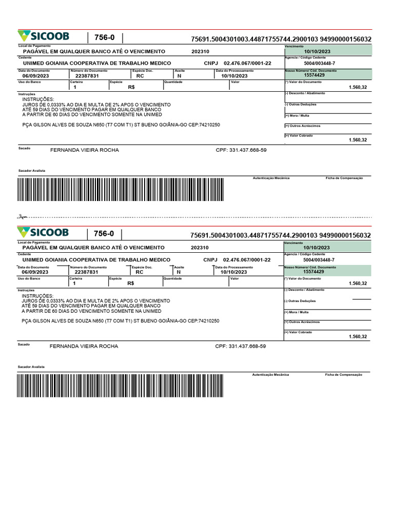 Ficha de Compensação Unimed Goiânia | PDF | Tecnologia bancária | Bancos