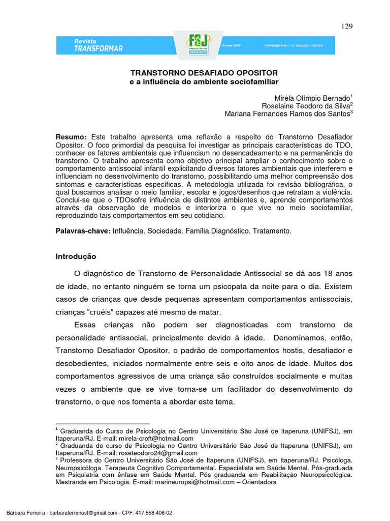 Transtorno Desafiador Opositor e Ambiente | PDF | Distúrbio mental ...