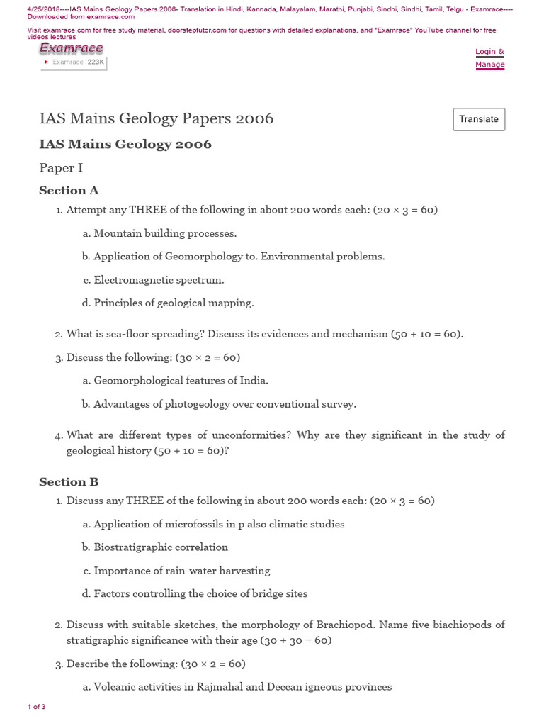 IAS Mains Geology Papers 2006 Translations | PDF | Geology | Geomorphology