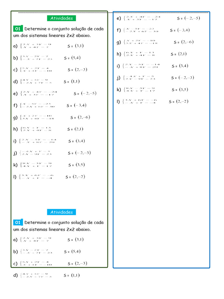 Exercícios de Sistemas Lineares 2x2 | PDF