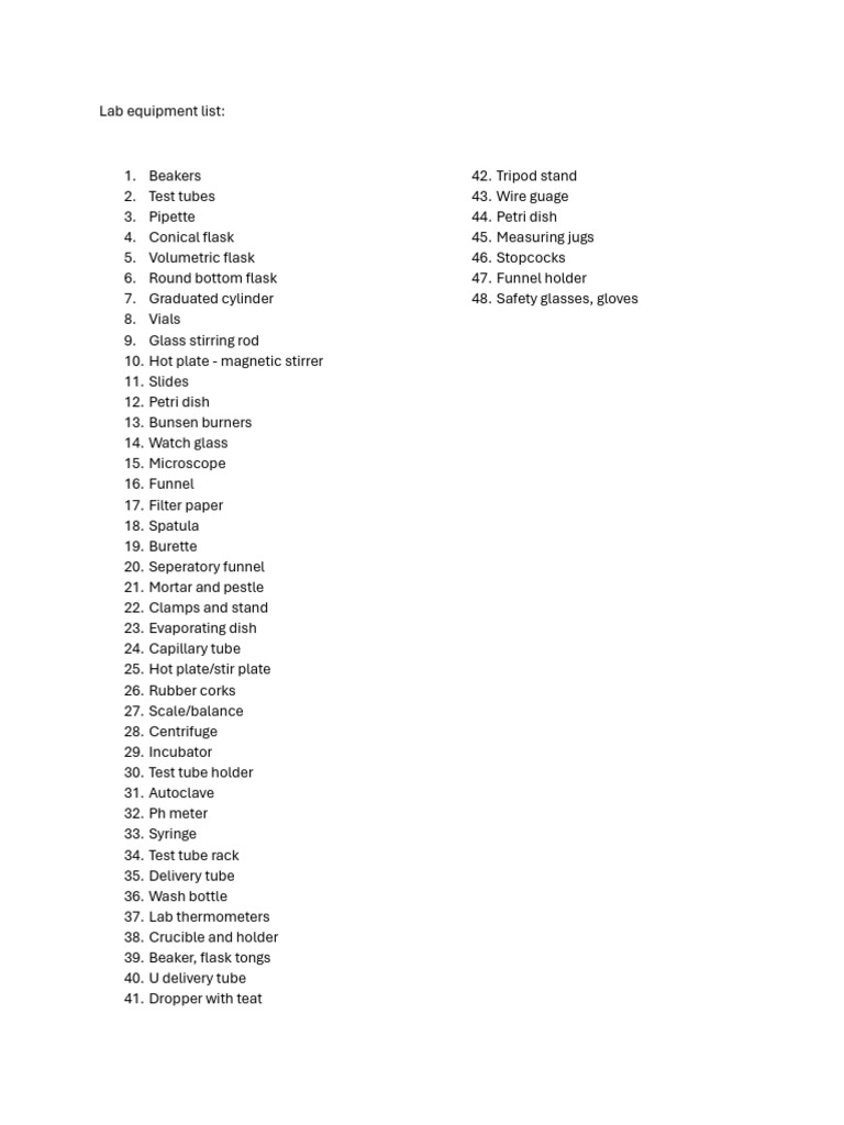 Essential Lab Equipment Checklist | PDF | Home & Garden