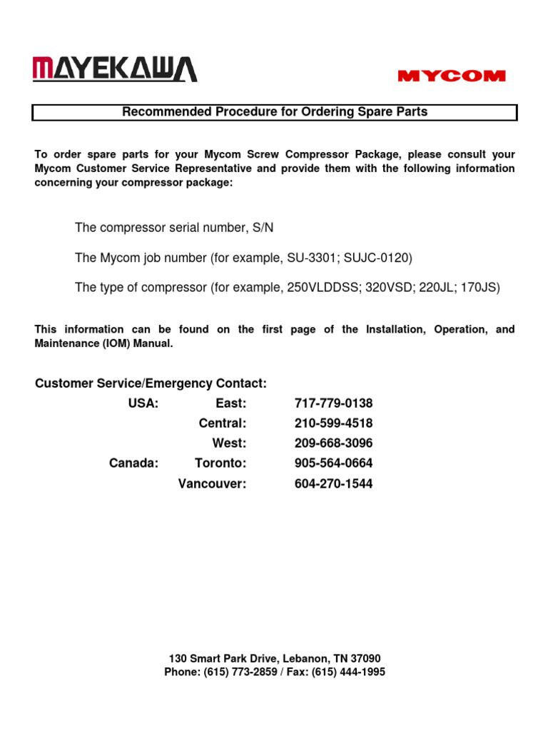 Mycom Compressor Parts Ordering Guide | PDF | Washer (Hardware) | Screw