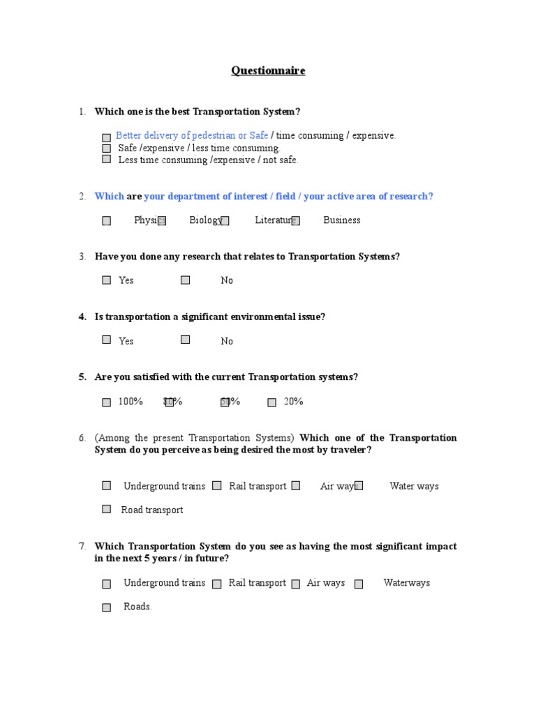 Transportation Systems Research Questionnaire | PDF