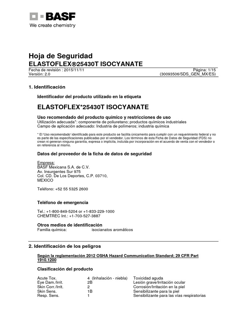 Hoja de Seguridad Isocianato Elastoflex 25430T | PDF | Asma | Alergia