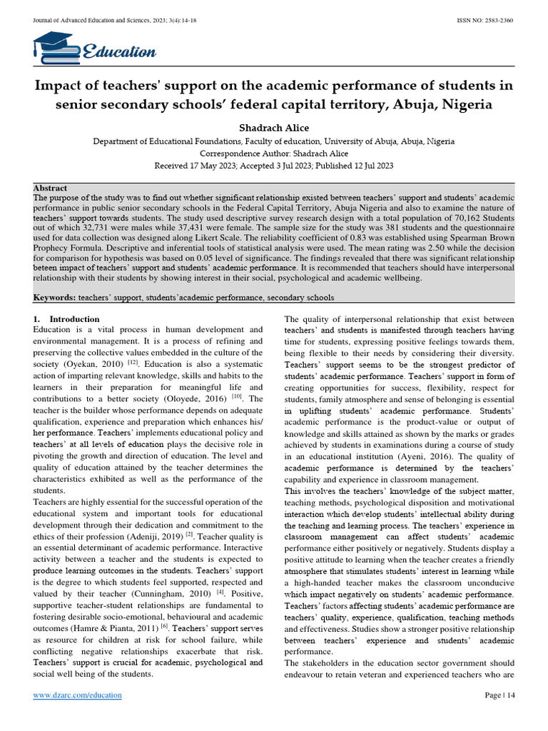 Impact of teachers support on the academic performance of students in