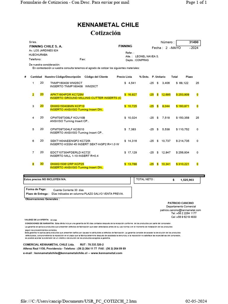 Cotizacion 31490 Finning | PDF