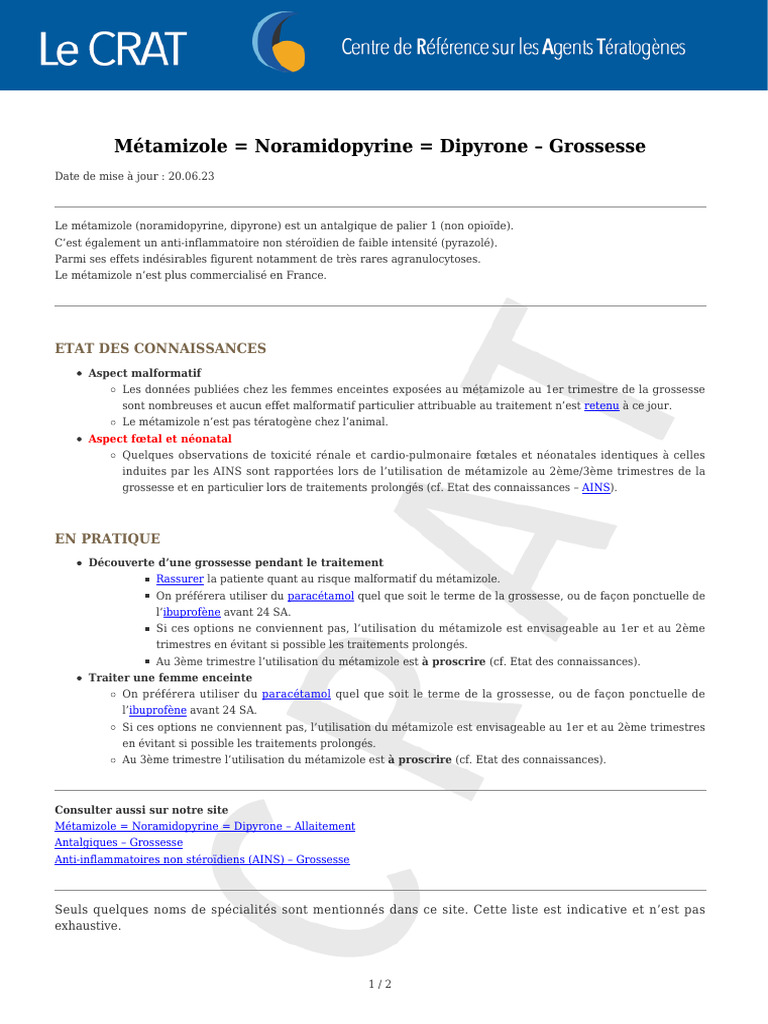 Métamizole Et Grossesse Risques Et Recommandations Pdf Anti 