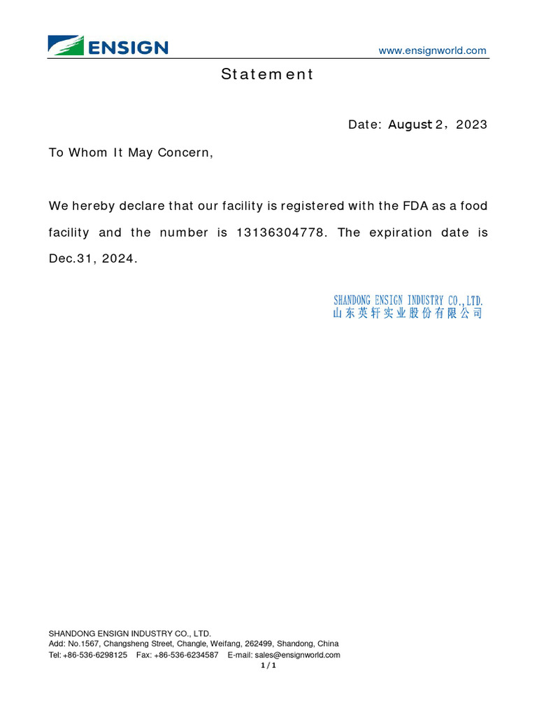 FDA Registration of Shandong Ensign | PDF