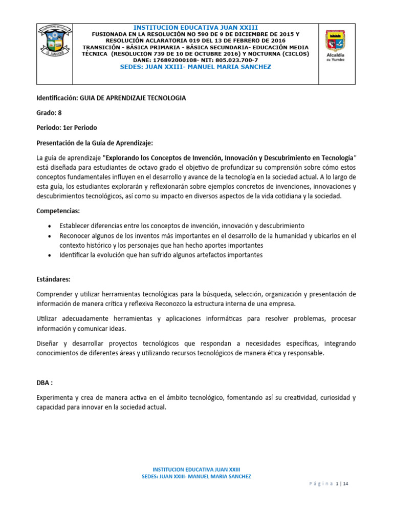 Guia de Aprendizaje 1er Periodo - Tecnología | PDF | Diseño | Innovación
